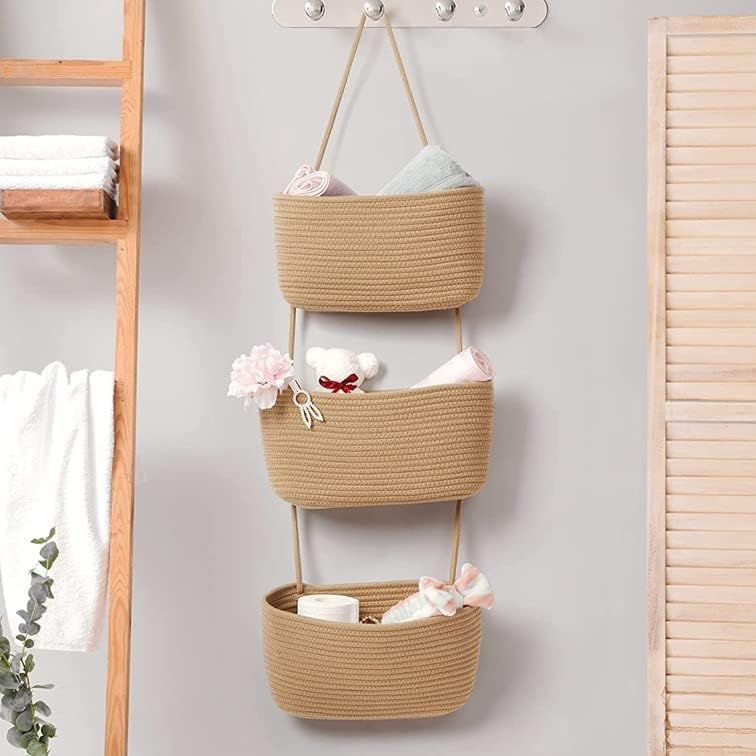AARainbow Wall Hanging Cotton Baskets - Large 3 Tier Decorative Baskets for Wall, Nursery, Bathroom (B-Brown) - Image 1